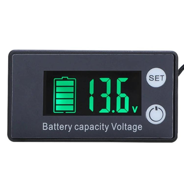 Digital DC Voltmeter for Battery Charge and Temperature Monitoring - color LCD display showing 13.6V and battery icon for inverter/solar systems