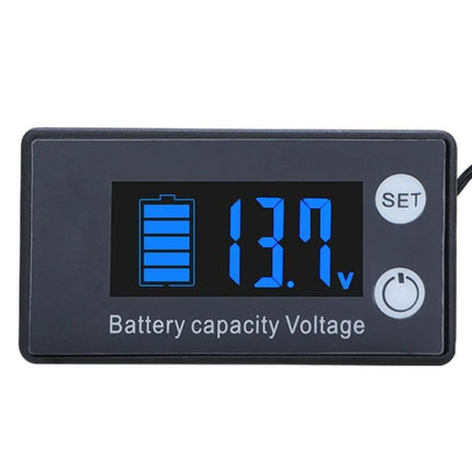 Digital DC Voltmeter for Battery Charge and Temperature Monitoring - color LCD showing 13.7V and battery icon, panel with SET and power buttons