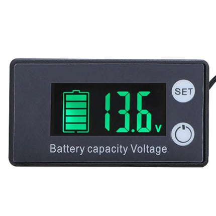 Digital DC Voltmeter for Battery Charge and Temperature Monitoring - color LCD shows 13.6V and battery icon for inverter, PV, and battery test systems