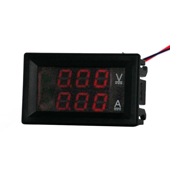 Dual-Display Digital Meter for Voltage and Current Monitoring showing dual red LED panels for DC voltage (V) and current (A) readings