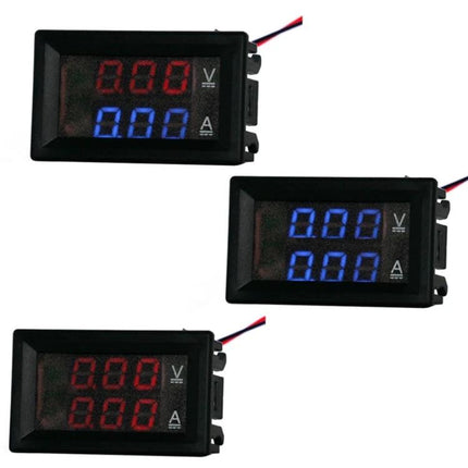 Dual-Display Digital Meter for Voltage and Current Monitoring showing three panel meters with red and blue numeric LED displays for DC voltage and current