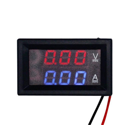 Dual-Display Digital Meter for Voltage and Current Monitoring showing red voltage and blue current LED readings, compact panel mount, with red and black wires