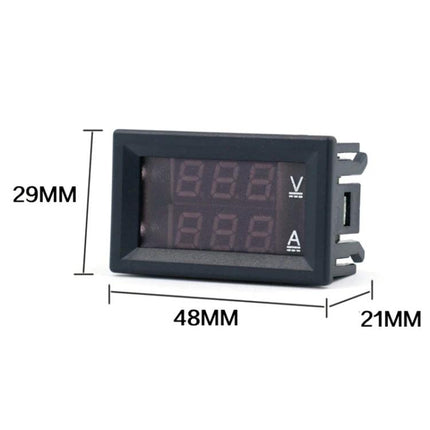 Dual-Display Digital Meter for Voltage and Current Monitoring compact panel meter 48x29mm showing dual LED readouts for V and A