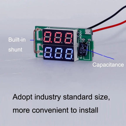 Dual-Display Digital Meter for Voltage and Current Monitoring showing red and blue LED panels on circuit board with wires and shunt