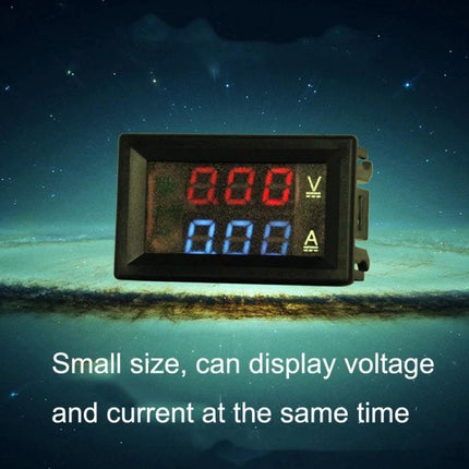 Dual-Display Digital Meter for Voltage and Current Monitoring - compact panel meter showing red voltage and blue current readouts for DC circuits