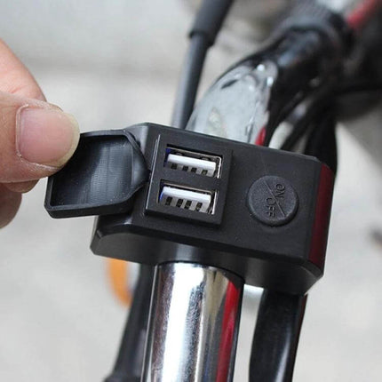 Motorcycle Dual USB Charger Black For Daily Phone Use On The Road compact handlebar mount with waterproof silicone cover and dual USB ports