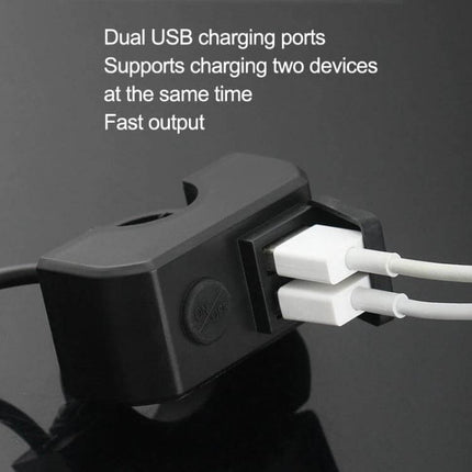 Motorcycle Dual USB Charger Black For Daily Phone Use On The Road compact dual-port charger mounted with two cables, waterproof silicone cover, 12–24V