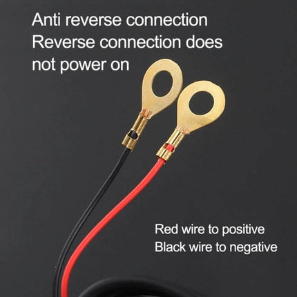Motorcycle Dual USB Charger Black For Daily Phone Use On The Road showing red and black ring terminal wires with anti-reverse connection labels