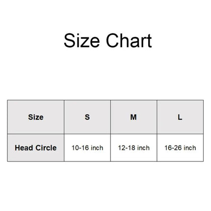 Comfortable Earmuffs for Pets in Everyday Home Routines size chart showing head circle S 10-16in M 12-18in L 16-26in