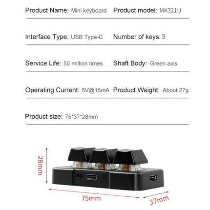MK321 3-Key Custom Programmable Keypad for Gaming and Office compact USB Type-C 3-key keypad with programmable macros and green axis switches