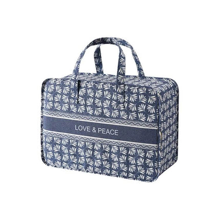 Portable Home Clothes Organizer Moving Bag Large Opening blue patterned cotton linen travel storage bag with handles and waterproof lining