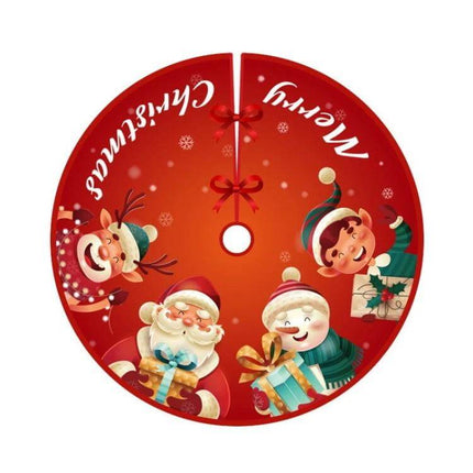 Christmas Tree Skirt, 90cm Diameter, Brushed Cloth red round skirt with Santa, elf and reindeer holding gifts and Merry Christmas text