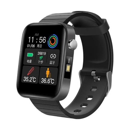 Wearable Smart Watch for Daily Health and Activity Tracking — sleek black fitness smartwatch showing steps, heart rate, and temperature on touchscreen