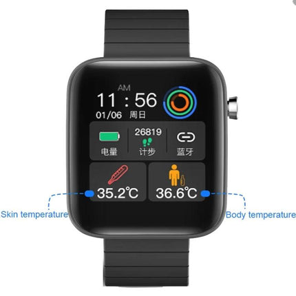 Wearable Smart Watch for Daily Health and Activity Tracking showing heart rate, steps, skin and body temperature on a black strap smartwatch display