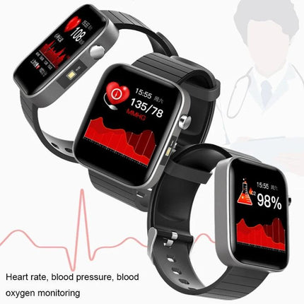 Wearable Smart Watch for Daily Health and Activity Tracking showing heart rate, blood pressure and blood oxygen monitoring on black strap smartwatch