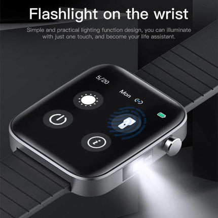 Wearable Smart Watch for Daily Health and Activity Tracking showing flashlight-on-wrist feature with heart-rate and activity icons