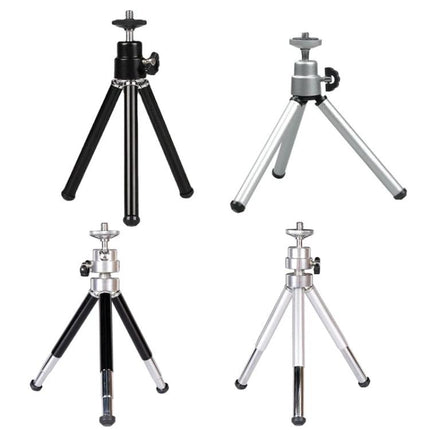 Versatile Adjustable Mini Metal Tripod for Phones and Cameras showing four compact tripods in black and silver with 90-degree adjustable gimbal