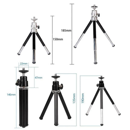 Versatile Adjustable Mini Metal Tripod for Phones and Cameras shown folded and extended with 90-degree gimbal and non-slip rubber feet