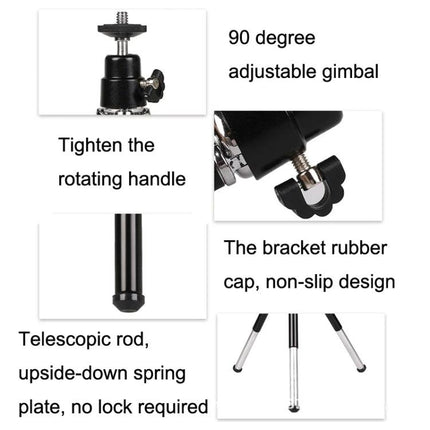 Versatile Adjustable Mini Metal Tripod for Phones and Cameras with 90-degree adjustable gimbal, non-slip rubber cap, telescopic rod