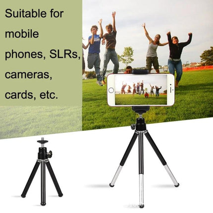 Versatile Adjustable Mini Metal Tripod for Phones and Cameras showing smartphone on compact tripod with 90-degree gimbal for travel vlogging and stable shots