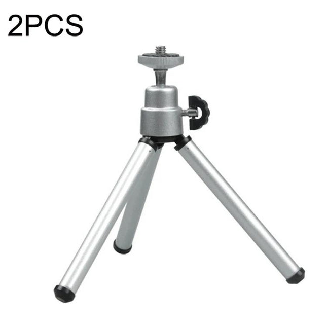Versatile Adjustable Mini Metal Tripod for Phones and Cameras compact silver tabletop tripod with 90-degree adjustable gimbal and non-slip rubber feet