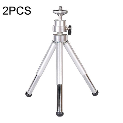 Versatile Adjustable Mini Metal Tripod for Phones and Cameras shown compact silver tabletop tripod with 90-degree gimbal and non-slip rubber feet