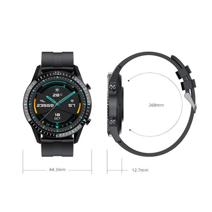A Versatile Watch for Daily Health Awareness and Activity Tracking - black smartwatch showing step count, heart rate, 44.3mm case, 260mm strap