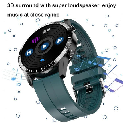 A Versatile Watch for Daily Health Awareness and Activity Tracking showing teal smartwatch with music playback screen and silicone strap
