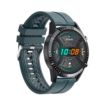 A Versatile Watch for Daily Health Awareness and Activity Tracking - teal smartwatch showing time, heart rate and step count for everyday fitness