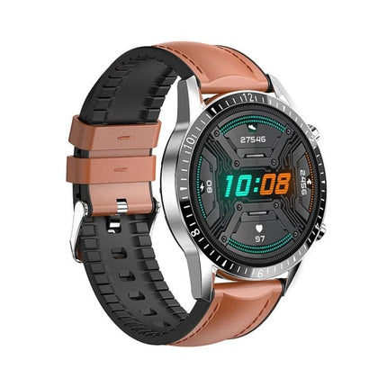 A Versatile Watch for Daily Health Awareness and Activity Tracking — brown leather smartwatch showing time, heart rate, steps, sleek everyday activity tracker