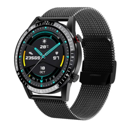 A Versatile Watch for Daily Health Awareness and Activity Tracking - sleek black smartwatch showing steps, heart rate, date and weather on mesh band