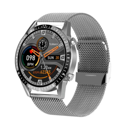 A Versatile Watch for Daily Health Awareness and Activity Tracking – silver smartwatch showing heart rate, steps, and notifications on mesh band
