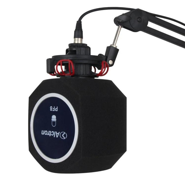 Alctron Noise Filter for Everyday Home Recording Use shown mounted on a mic arm with foam noise reduction sponge