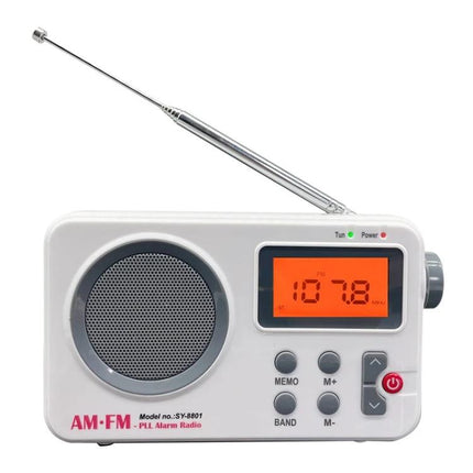 Portable Retro AM/FM Radio with Clear LCD Display showing orange tuned frequency, speaker, antenna and control buttons