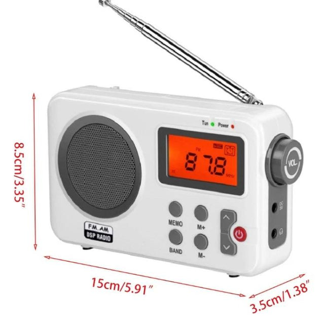 Portable Retro AM/FM Radio with Clear LCD Display showing orange tuning screen, speaker, controls and telescopic antenna, compact white travel radio