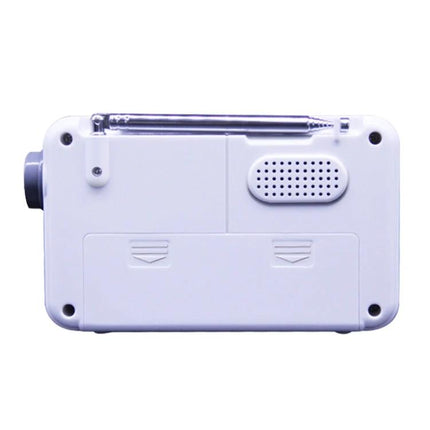 Portable Retro AM/FM Radio with Clear LCD Display showing back panel, speaker grille, telescoping antenna and battery compartment