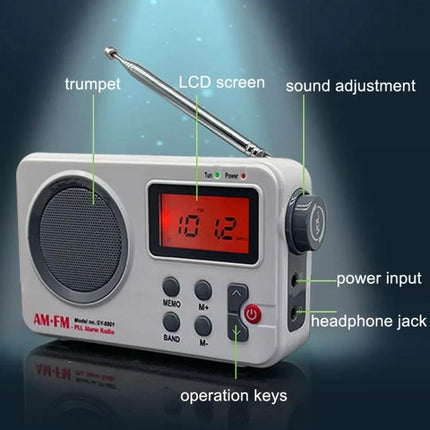 Portable Retro AM/FM Radio with Clear LCD Display showing red LCD screen, speaker, antenna and labeled controls