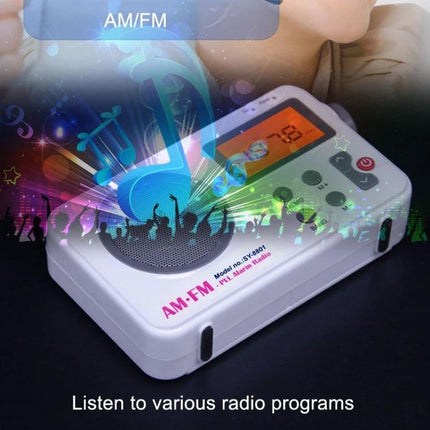 Portable Retro AM/FM Radio with Clear LCD Display - compact white AM/FM radio with clear orange LCD and speaker for travel and emergencies
