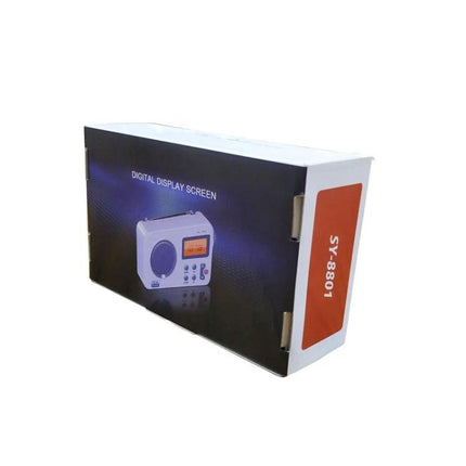 Portable Retro AM/FM Radio with Clear LCD Display — compact retro-style radio packaging showing unit with clear LCD and speaker