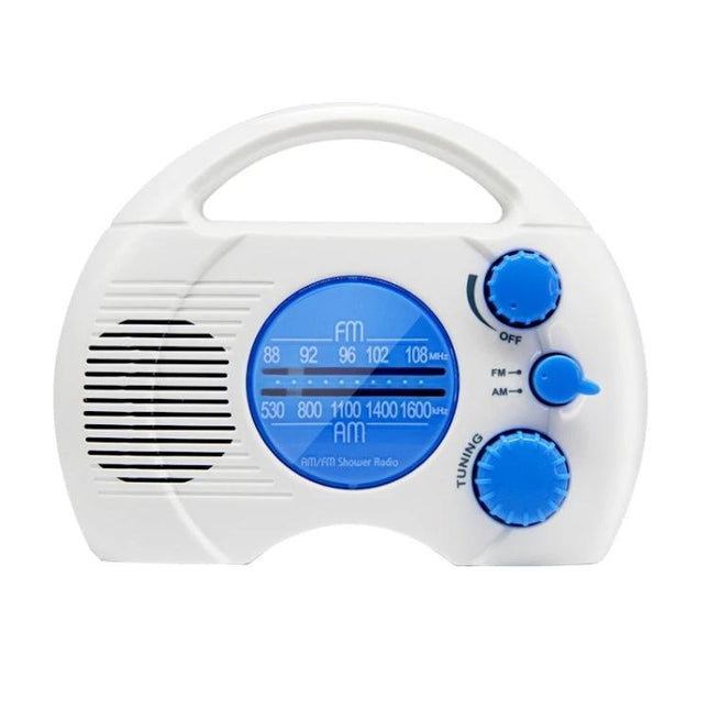 SY-910 Waterproof AM/FM Portable Radio for Everyday Listening - compact white waterproof AM/FM shower radio with blue dials and handle