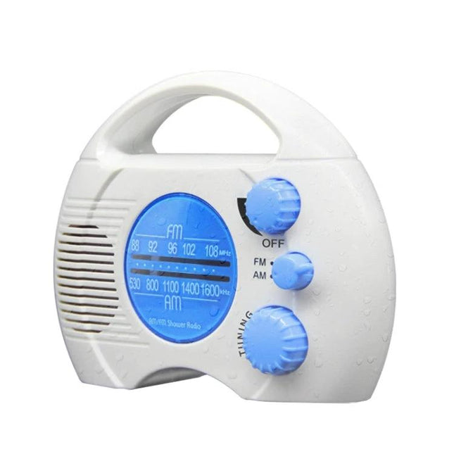 SY-910 Waterproof AM/FM Portable Radio for Everyday Listening white compact waterproof radio with blue dials and carry handle