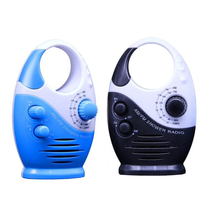 Sayin Portable Waterproof AM/FM Radio for Everyday Use by Seniors - blue and black compact waterproof AM/FM shower radios with dials and speaker
