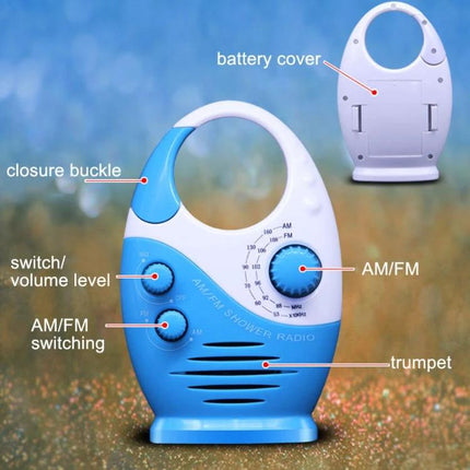 Sayin Portable Waterproof AM/FM Radio for Everyday Use by Seniors blue compact shower radio with labeled buttons and handle
