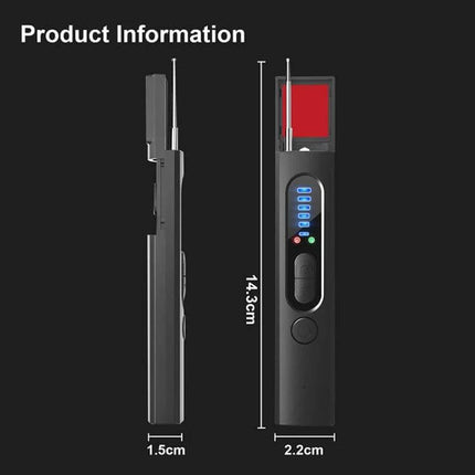 X13 Privacy Detector for GPS and Eavesdropping Protection handheld black detector with LED indicators and antenna, dimensions 14.3cm x 2.2cm x 1.5cm