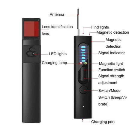 X13 Privacy Detector for GPS and Eavesdropping Protection - portable scanner showing antenna, LED signal indicators, lens identification and controls