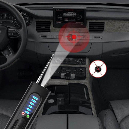 X13 Privacy Detector for GPS and Eavesdropping Protection scanning a car dashboard to locate hidden trackers and cameras