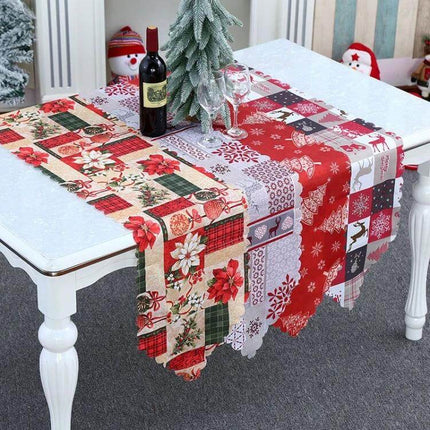 Christmas Table Runner 180 x 35 cm Flower Lattice Print on dining table with festive centerpiece and wine bottle