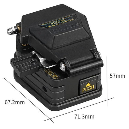 Comptyco Universal Cutter for Fiber Optic Cables compact black cutter tool showing dimensions and push button for precise fiber cuts