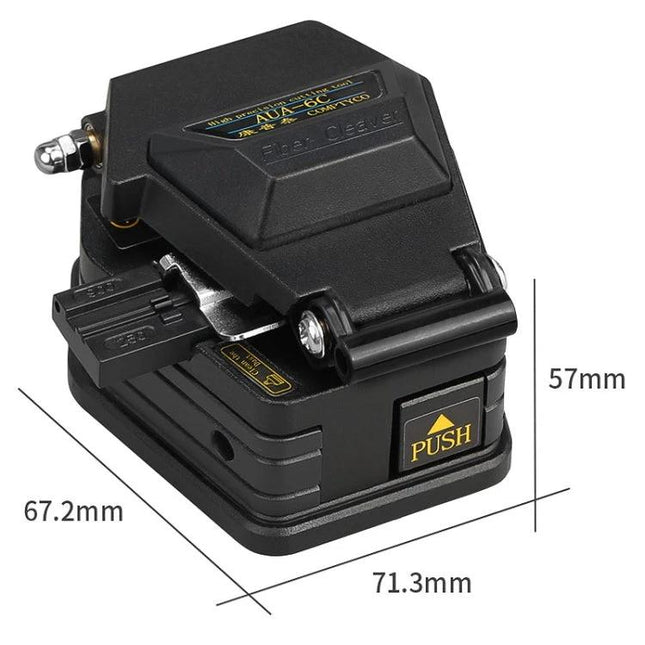Comptyco Universal Cutter for Fiber Optic Cables compact black cutter tool showing dimensions and push button for precise fiber cuts
