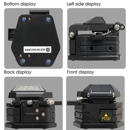Comptyco Universal Cutter for Fiber Optic Cables showing front, back, left and bottom views of the compact fiber cutter